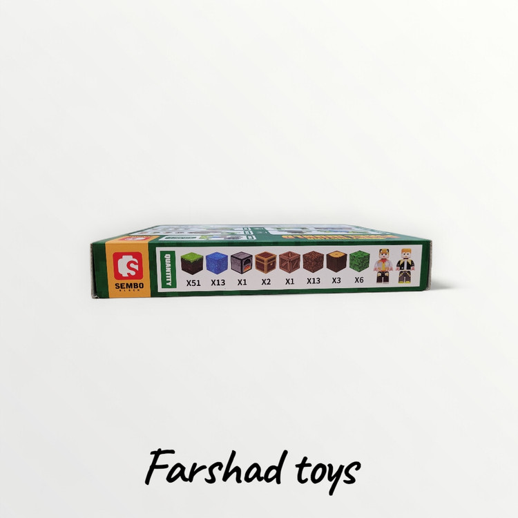 قطعات ساختنی پیکسلی، دو مینی فیگور، قطعات زمین، درخت، آب، صندوق، کوره و دفترچه راهنما