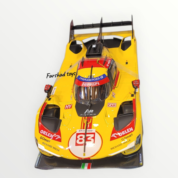 نمای جلوی ماکت Ferrari 499P شماره 83 با رنگ زرد قرمز و لوگوی فراری