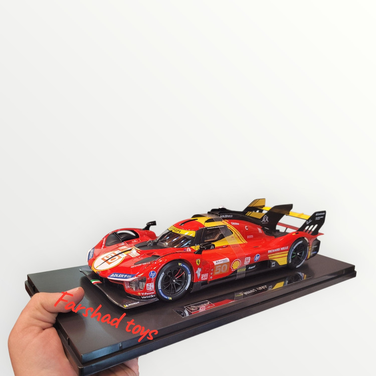 نمای سه رخ جلو ماکت Ferrari 499P قرمز زرد شماره 50 مقیاس 1:18