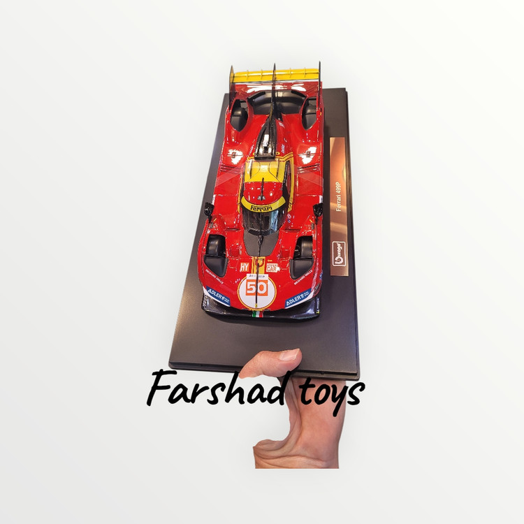 نمای بالا ماکت Ferrari 499P شماره 50 برند Bburago روی پایه نمایش