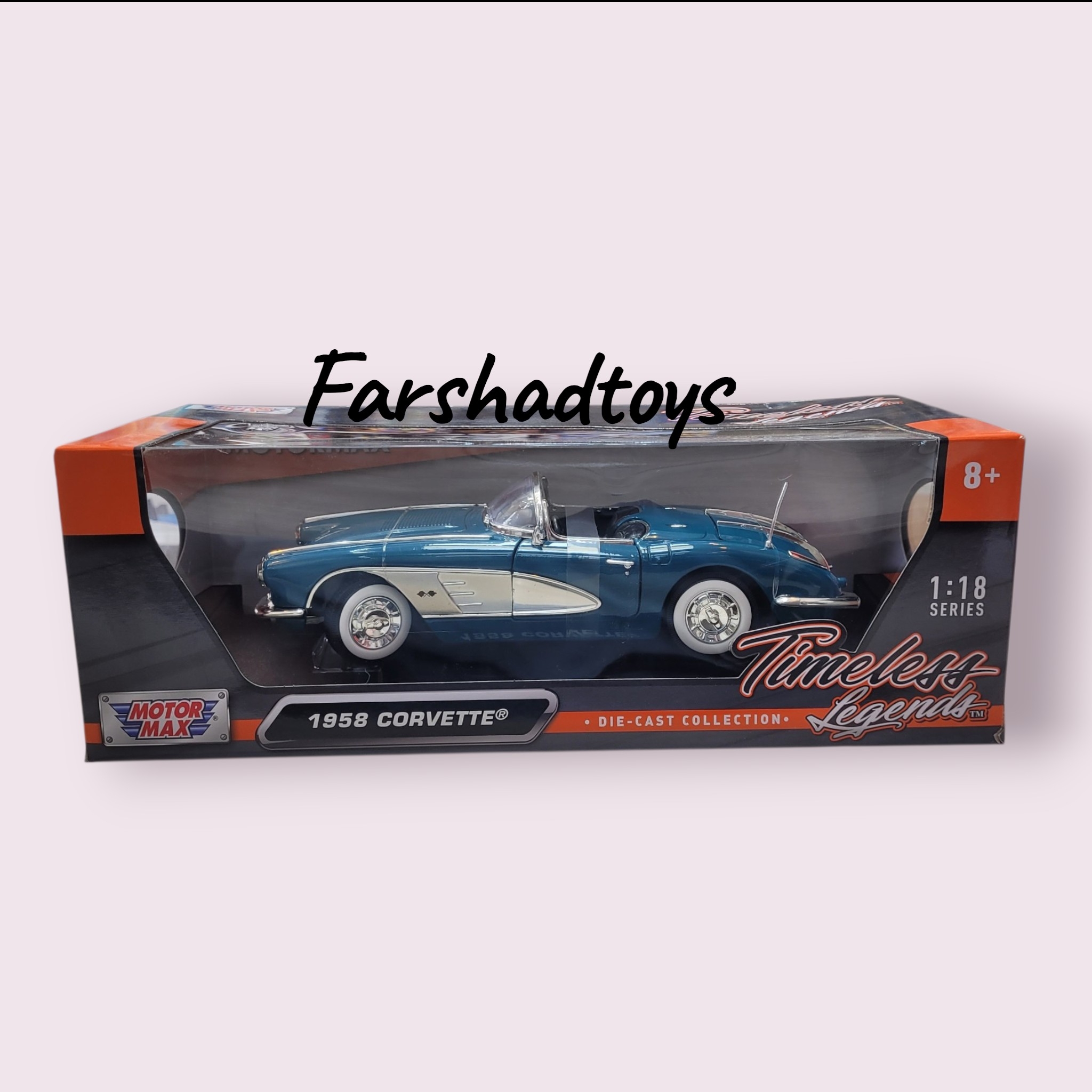 ماکت فلزی شورولت کوروت 1958 برند Motor Max مقیاس 1:18 داخل جعبه کلکسیونی فرشاد تویز
