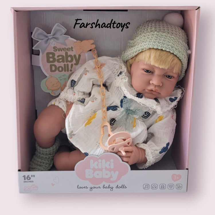 عروسک نوزاد کیکی بیبی Kiki Baby مدل Sweet Baby Doll سایز ۱۶ اینچ در دو مدل کلاه بافت و لباس کرم
