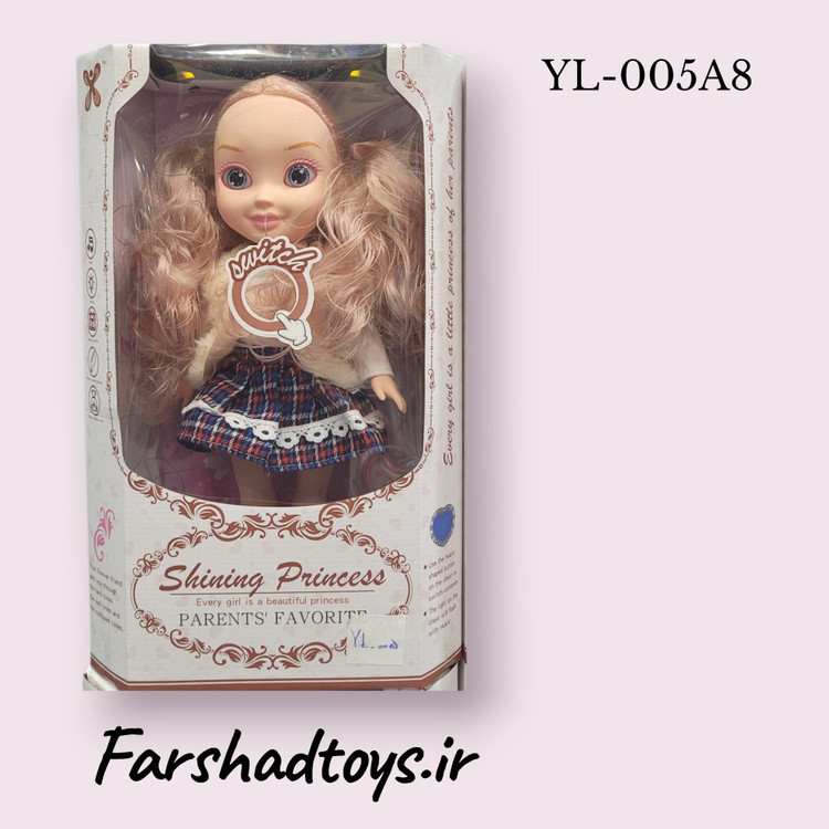 عروسک پرنسسی Shining Princess مدل YL-005A8 با دامن چهارخانه آبی و جلیقه خزدار | فرشاد تویز