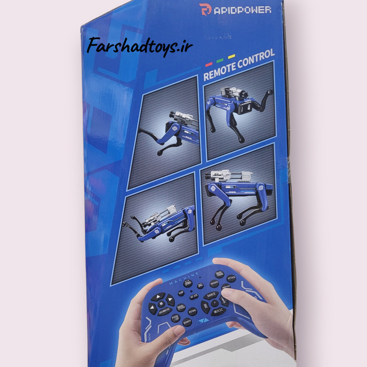 پشت جعبه ربات سگ کنترلی DGS Mechanical با نمایش حرکات مختلف