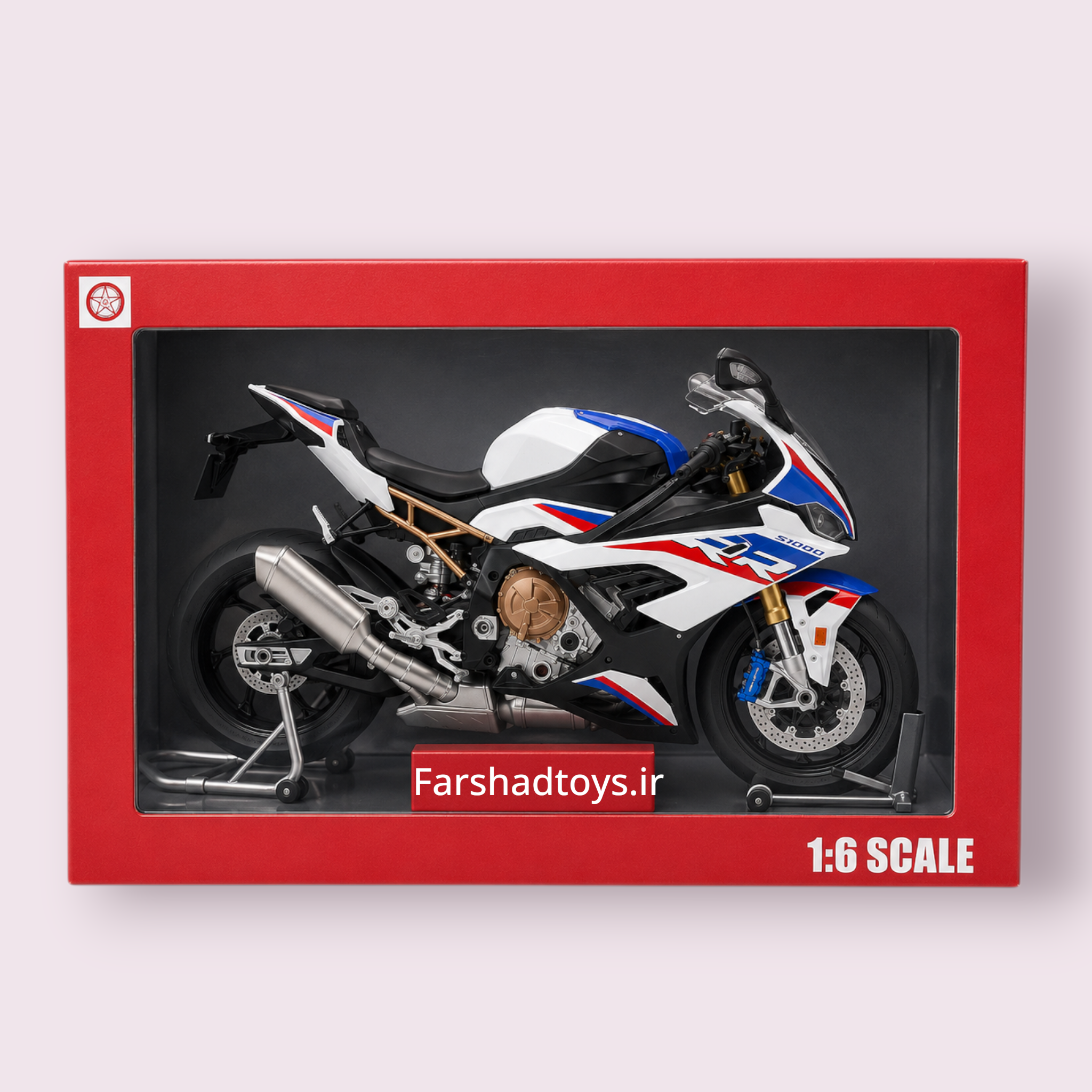 ماکت موتور BMW S1000RR دودزا و شارژی مقیاس ۱/۶ داخل جعبه ویندو باکس قرمز