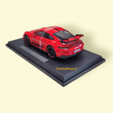 نمای عقب ماکت فلزی پورشه 911 GT3 قرمز مایستو با باله اسپرت و پایه نمایش در فرشاد تویز