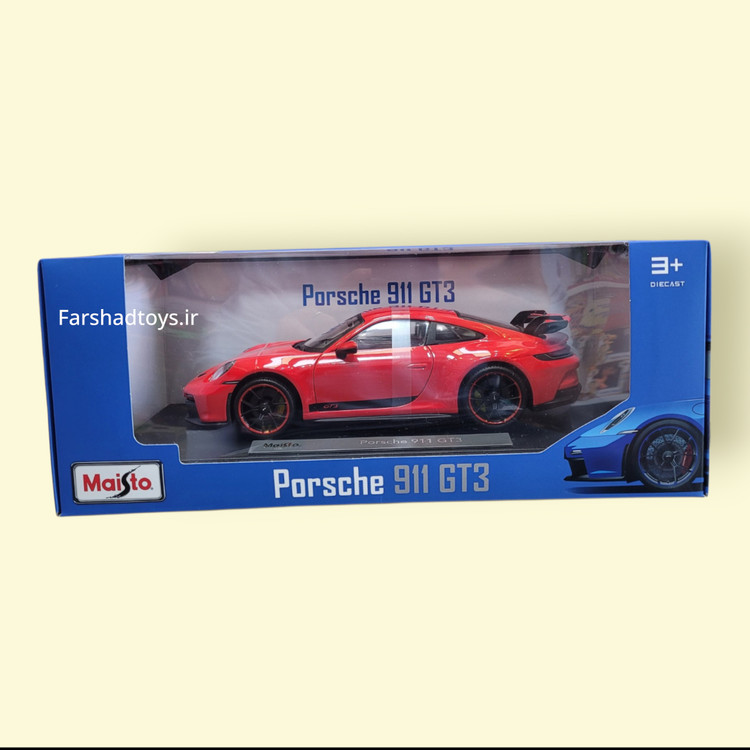 ماکت پورشه 911 GT3 قرمز مایستو داخل جعبه ویترینی آبی با پایه نمایش