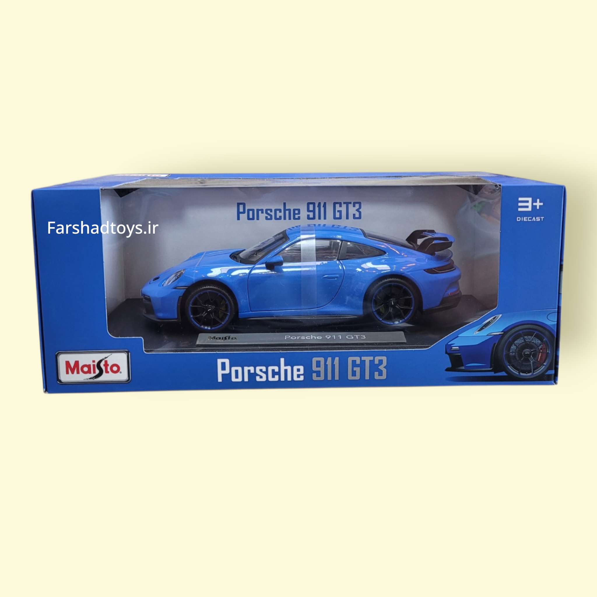 ماکت پورشه 911 GT3 آبی مایستو داخل بستهبندی ویترینی اصلی در فرشاد تویز