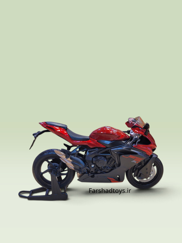 نمای جانبی ماکت موتورسیکلت MV Agusta F3 RR قرمز ویلی با استند عقب