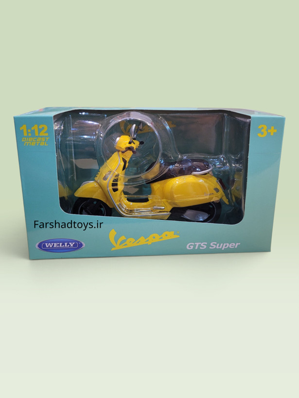 بستهبندی ماکت فلزی وسپا GTS Super زرد ویلی مقیاس 1:12