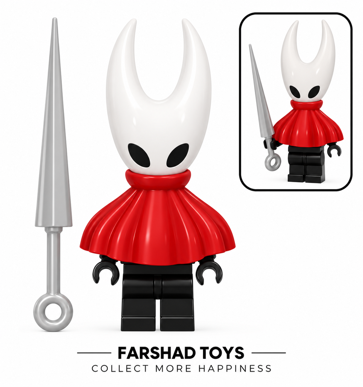 مینی فیگور هورنت بازی Hollow Knight کد RT067 با ماسک سفید، شنل قرمز و سلاح سوزنی