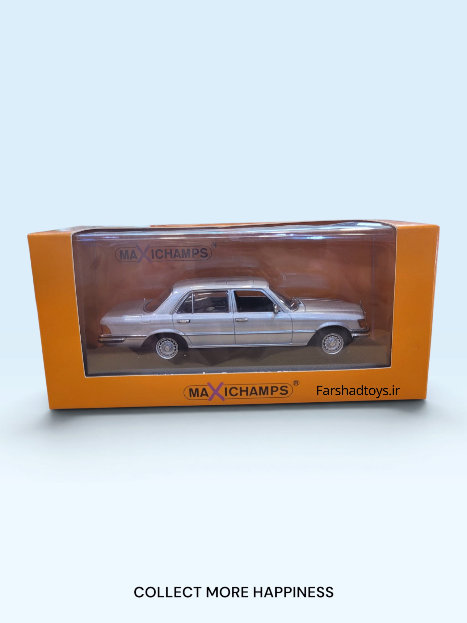 نمای جعبه ماکت مرسدس بنز 450 SEL 6.9 نقرهای مقیاس 1:43 برند Maxichamps فرشاد تویز