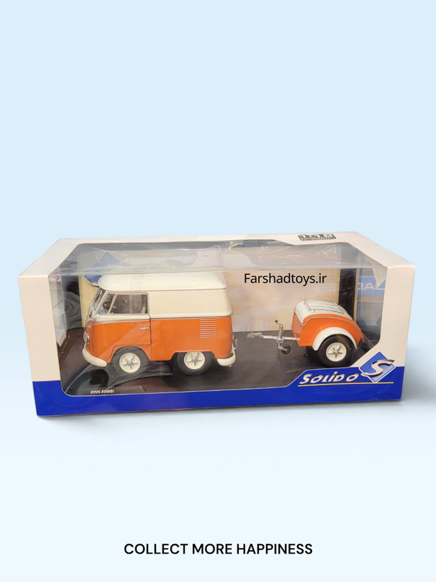 ماکت Kool Kombi نارنجی و سفید برند Solido همراه تریلر داخل جعبه اصلی