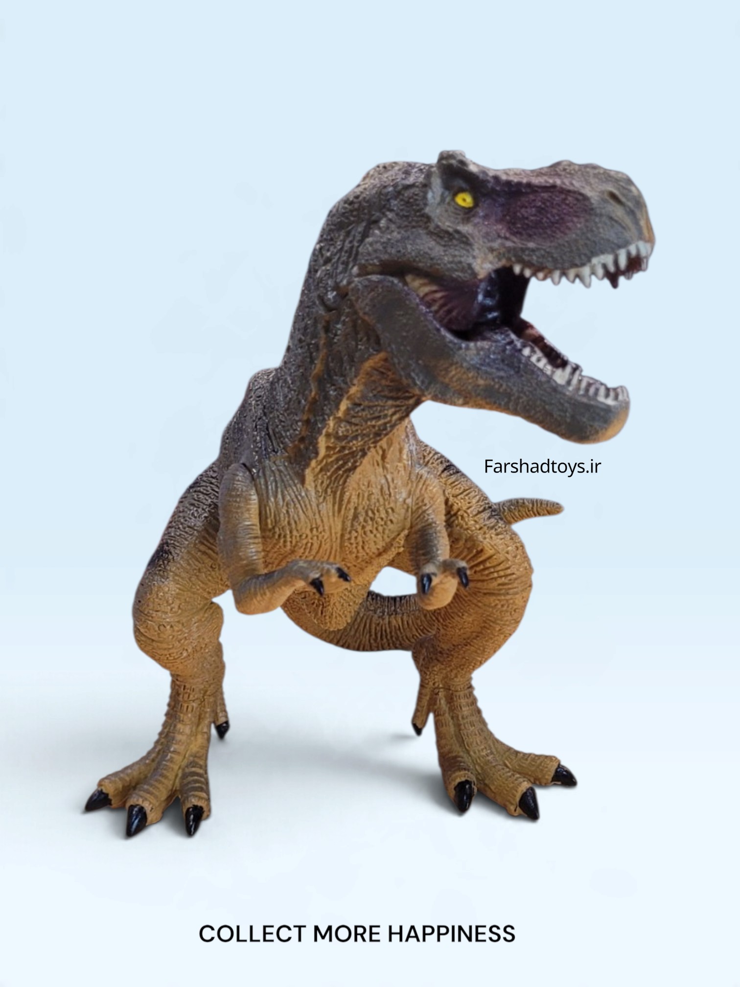 نمای روبه‌روی فیگور تیرکس T-Rex با فک بازشو، دندان‌های تیز، چشم‌های زرد و طراحی واقع‌گرایانه سر و بدن