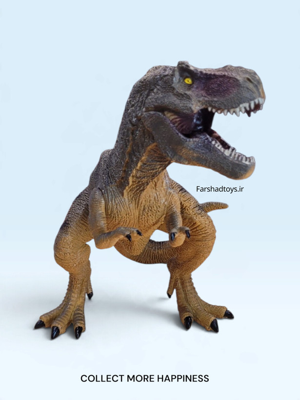 نمای روبهروی فیگور تیرکس T-Rex با فک بازشو، دندانهای تیز، چشمهای زرد و طراحی واقعگرایانه سر و بدن